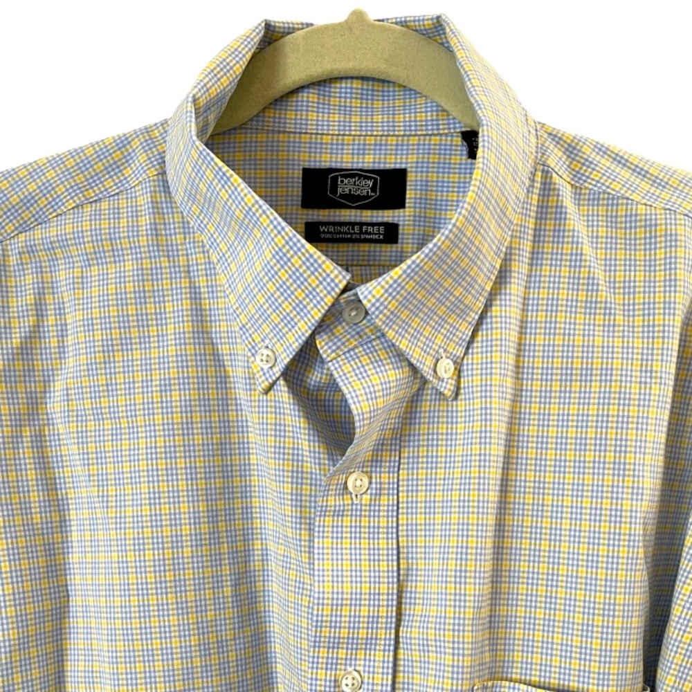 Berkley Jensen‎ Yellow Blue Plaid Wrinkle Free Stretch Cotton Button Down XL